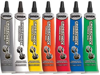 Seven tubes of Cross Check Torque Seal in various colors: silver, yellow, orange, red, blue, purple, and green. Each tube features a black cap and a graphic of a bolt.